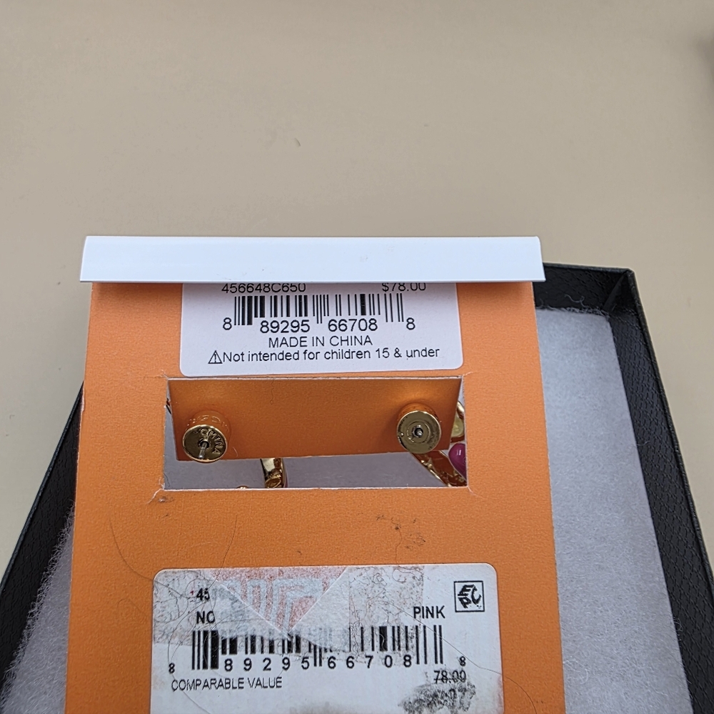 Kurt Geiger Purple Hoop Earrings with Yellow and Pale Pink Crystal Drops - Picture 3 of 3
